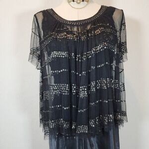 Free People Black Sequin Embellished Tulle‎ Top Festival Party Blouse S